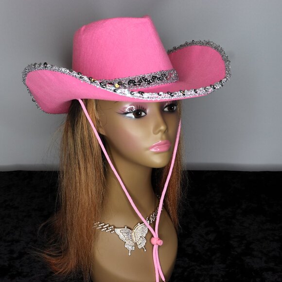 Accessories - Women's Cowboy Hat with Sequin and Rhinestone Trim - Pink